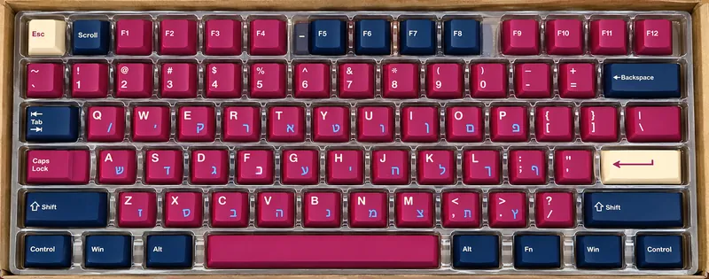 Hebrew Red Samurai Clone - bilingual keycap set in magenta, dark blue and cream tones