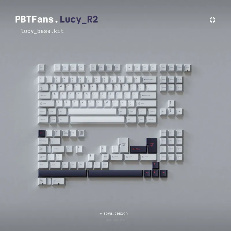 PBTFans Lucy - white keycap set with dark blue and red accents