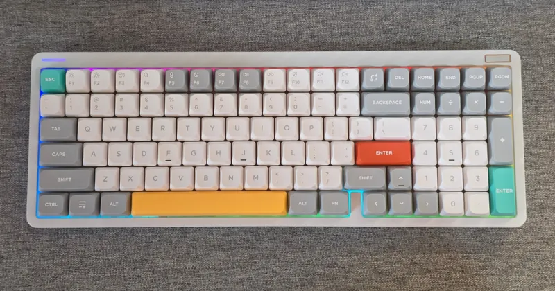 Nuphy Halo96 V2 - top view of the white keyboard with RGB lighting and a colorful keycap set