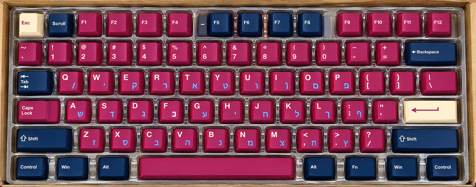Hebrew Red Samurai Clone — סט מקשים דו-לשוני בגווני מג'נטה, כחול כהה וקרם